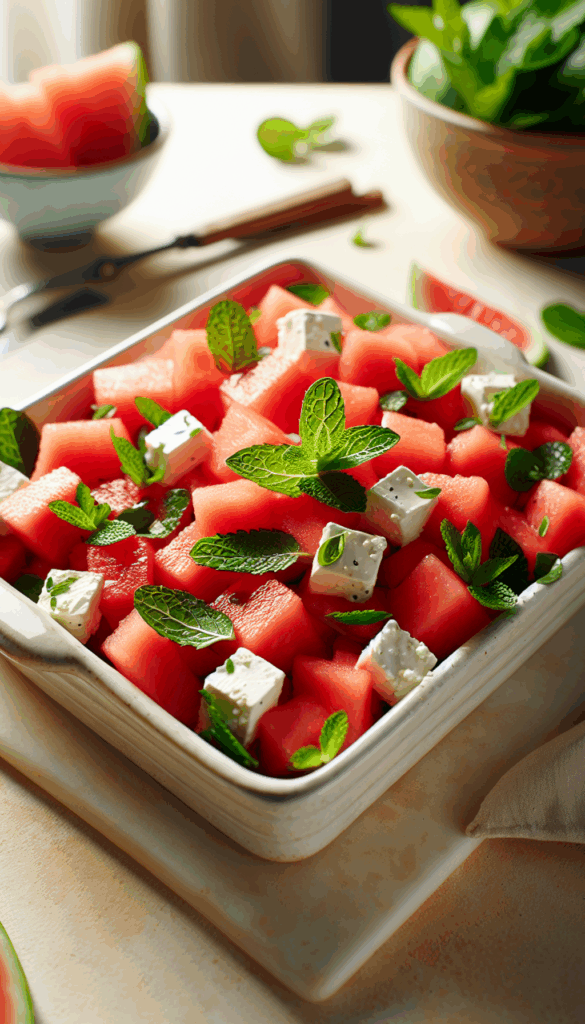 Summer-Ready Watermelon Feta Salad with Fresh Mint – close-up, Pinterest-ready plated recipe photo