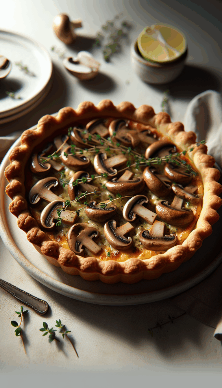 Mushroom and Thyme Tart: Elegant Brunch Delight – close-up, Pinterest-ready plated recipe photo