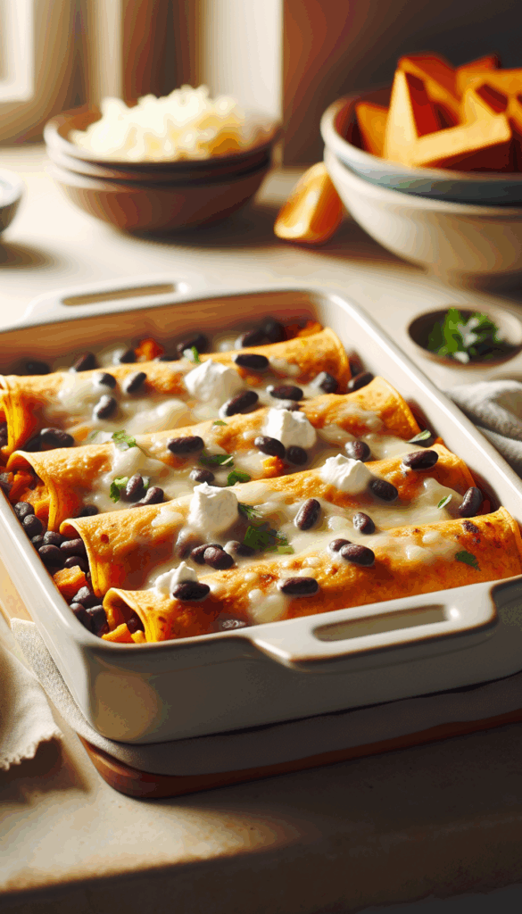 Savory Sweet Potato and Black Bean Enchiladas with Queso Fresco – close-up, Pinterest-ready plated recipe photo