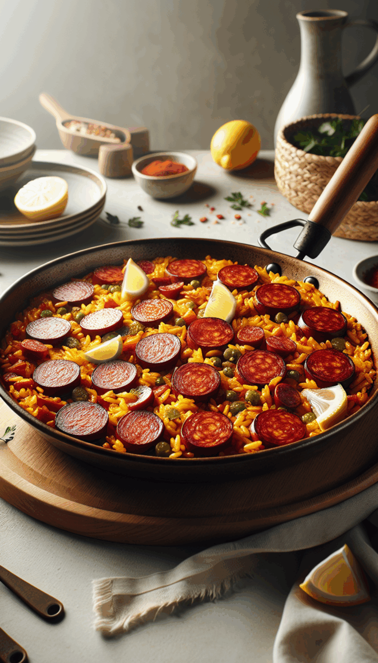Quick Easy One-Pan Spanish Chorizo Paella – close-up, Pinterest-ready plated recipe photo