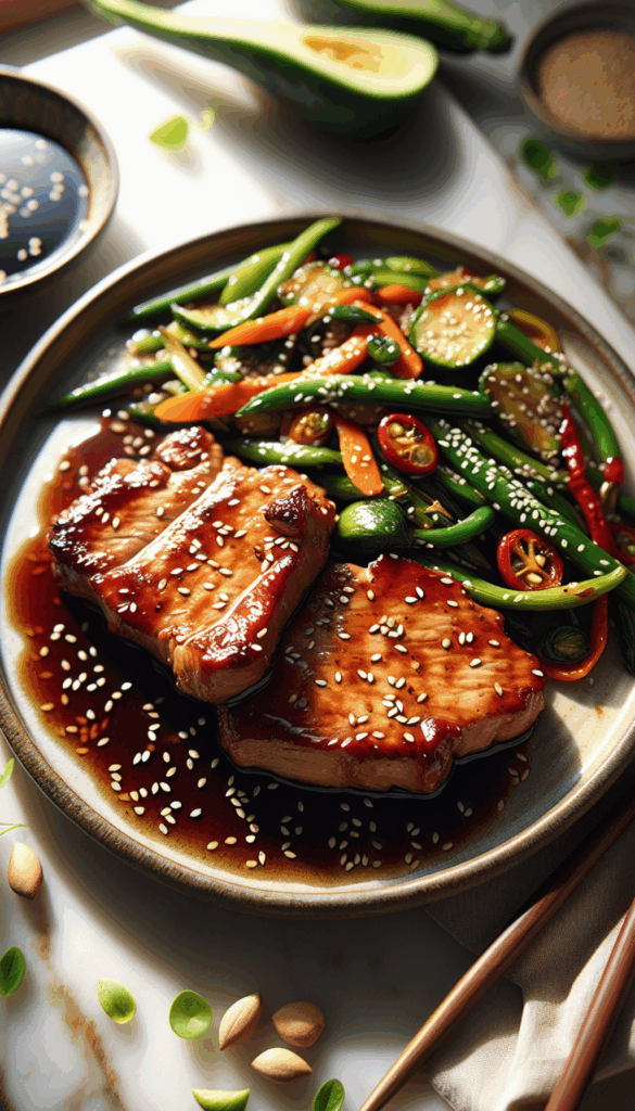 Sticky Honey Soy Pork Chops with Sesame Stir-Fried Vegetables – close-up, Pinterest-ready plated recipe photo