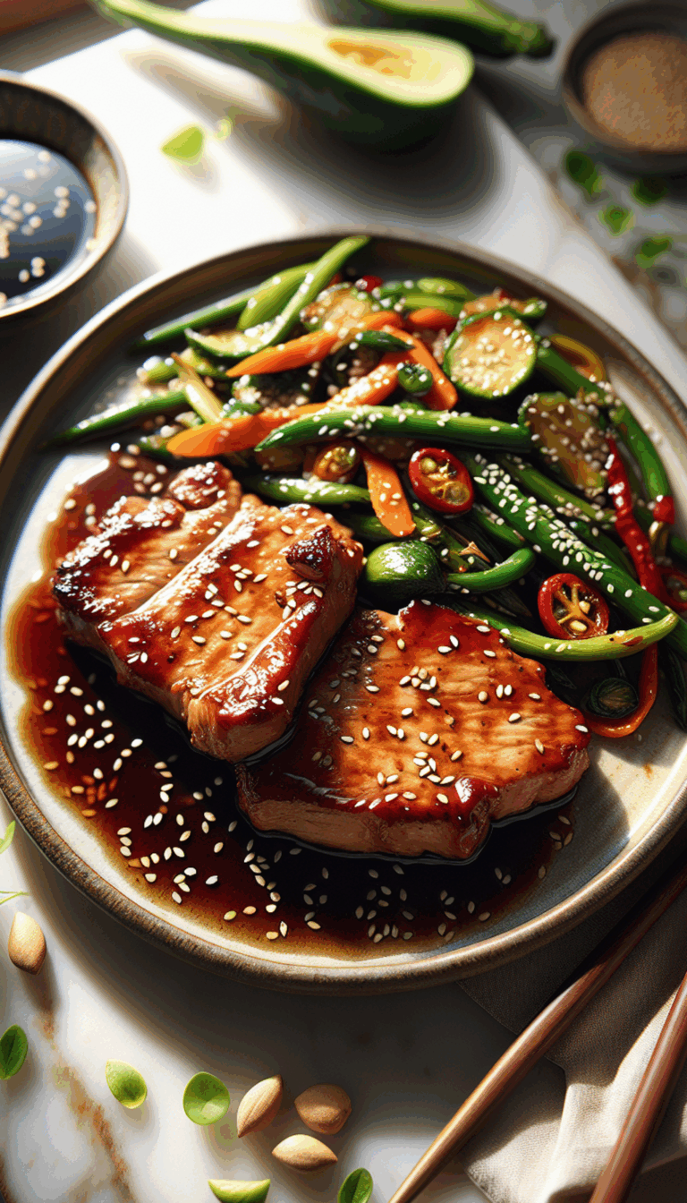 Sticky Honey Soy Pork Chops with Sesame Stir-Fried Vegetables – close-up, Pinterest-ready plated recipe photo