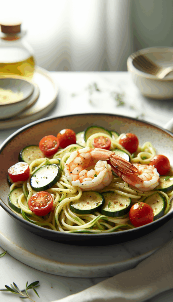 Skillet Shrimp Scampi with Zucchini Noodles and Cherry Tomatoes – close-up, Pinterest-ready plated recipe photo