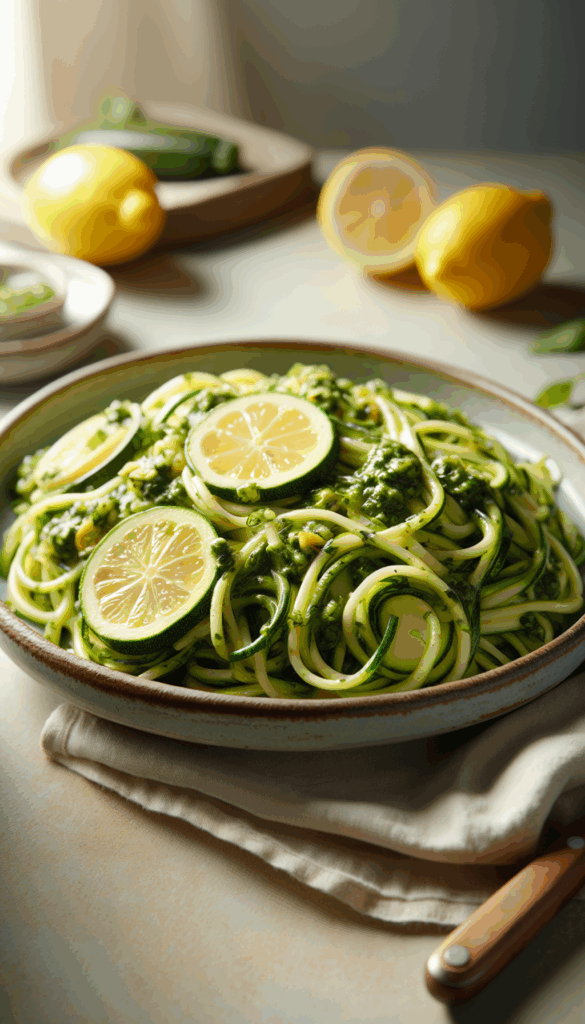 Vibrant Fresh Herb Pesto with Lemony Zucchini Noodles – close-up, Pinterest-ready plated recipe photo