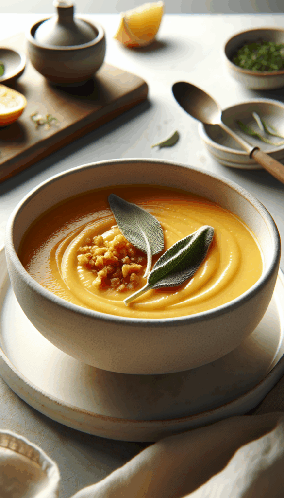 Creamy Butternut Squash Soup with Crispy Sage Topping – close-up, Pinterest-ready plated recipe photo