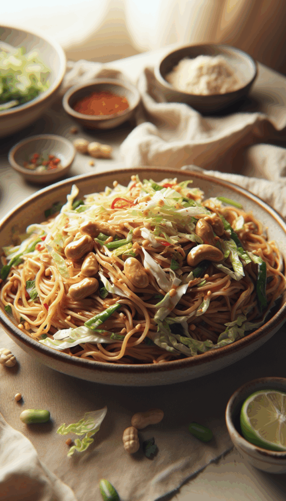 Spicy Thai Peanut Noodle Salad with Shredded Cabbage – close-up, Pinterest-ready plated recipe photo