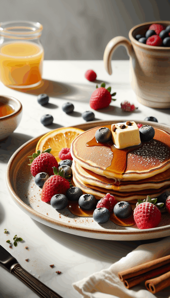 Fluffy Pancakes with Maple Cinnamon Butter and Fresh Berries – close-up, Pinterest-ready plated recipe photo