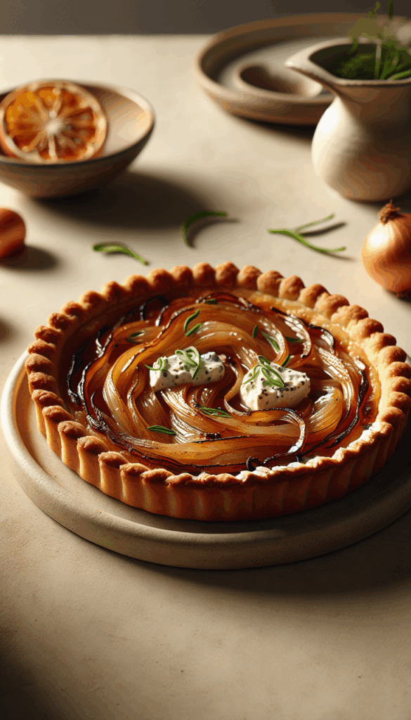 Savory Caramelized Onion and Goat Cheese Tart – close-up, Pinterest-ready plated recipe photo