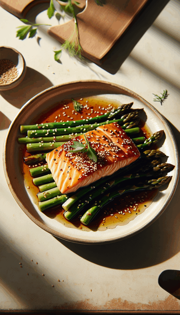 Heavenly Honey Soy Glazed Salmon with Sesame Asparagus – close-up, Pinterest-ready plated recipe photo