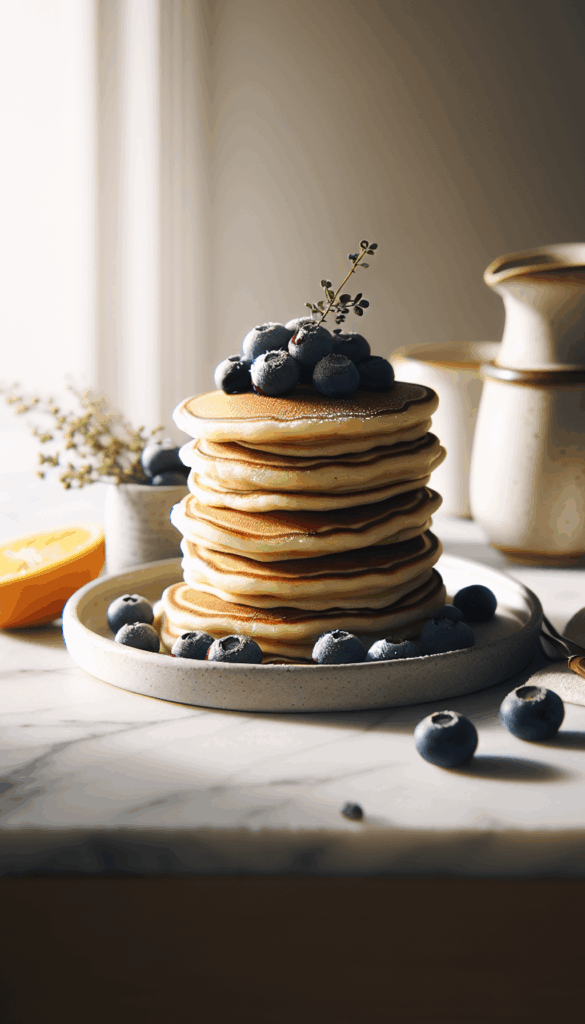 Morning Delight: Fluffy Blueberry Pancake Stacks – close-up, Pinterest-ready plated recipe photo