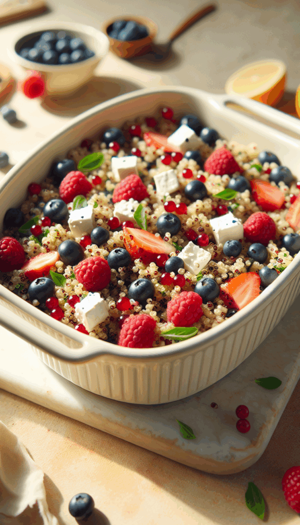 Refreshing Summer Quinoa Salad with Feta and Fresh Berries – close-up, Pinterest-ready plated recipe photo