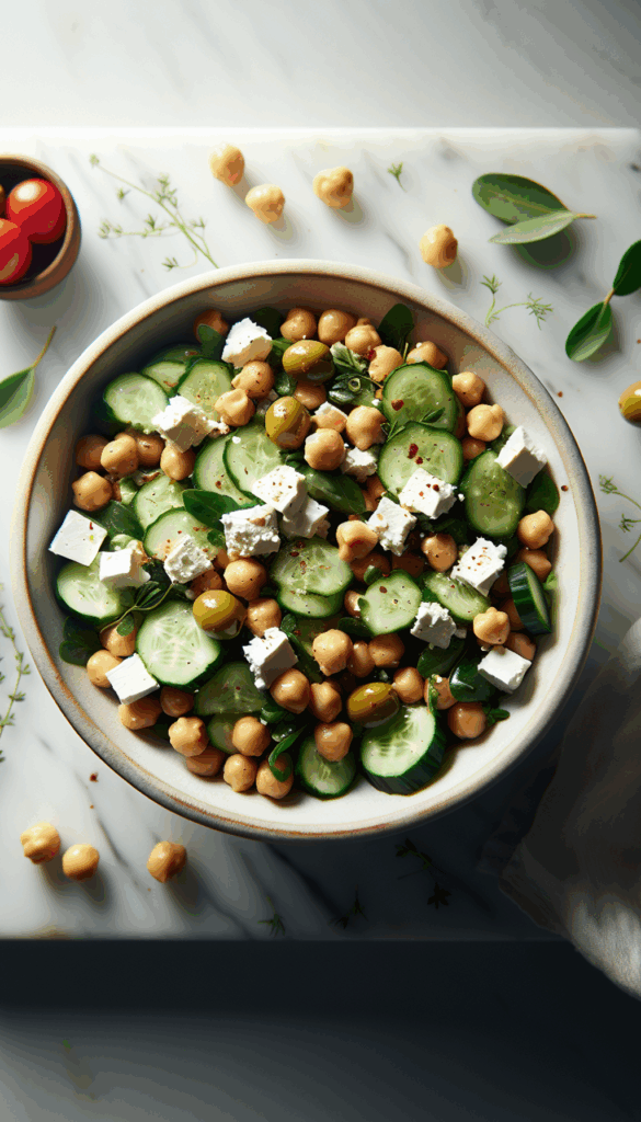 Mediterranean Chickpea Salad with Feta, Cucumbers, and Olives – close-up, Pinterest-ready plated recipe photo