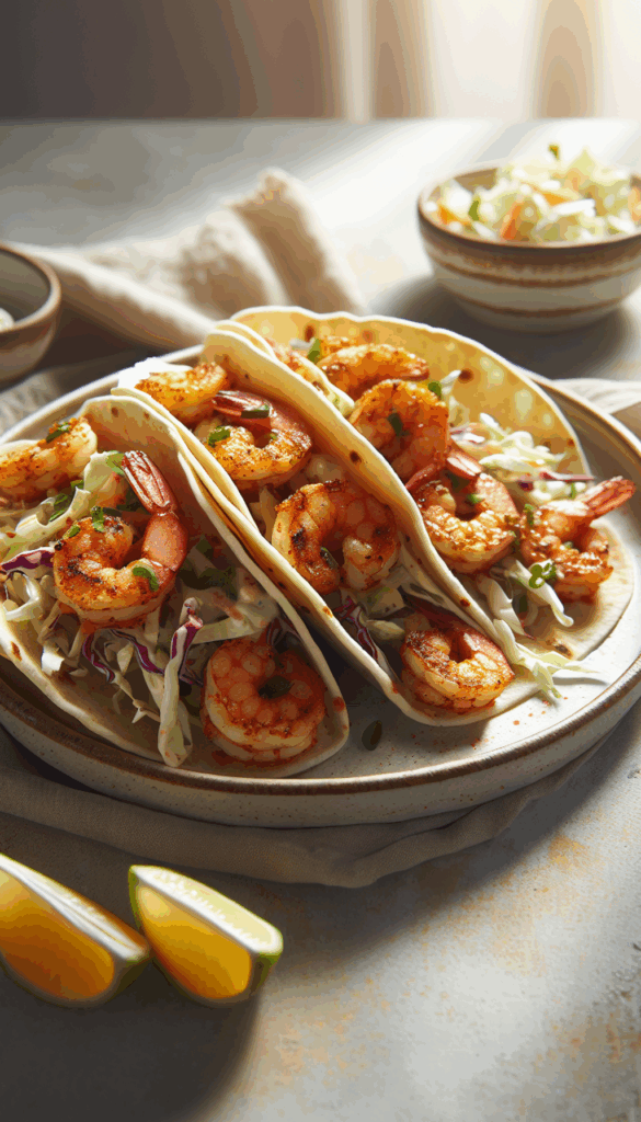 Spicy Cajun Shrimp Tacos with Tangy Slaw – close-up, Pinterest-ready plated recipe photo