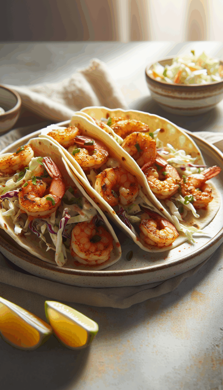 Spicy Cajun Shrimp Tacos with Tangy Slaw – close-up, Pinterest-ready plated recipe photo