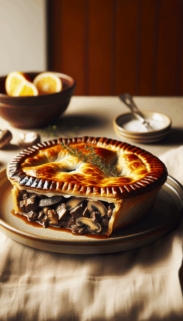 Rustic Charm: Homestyle Beef and Mushroom Pie – close-up, Pinterest-ready plated recipe photo
