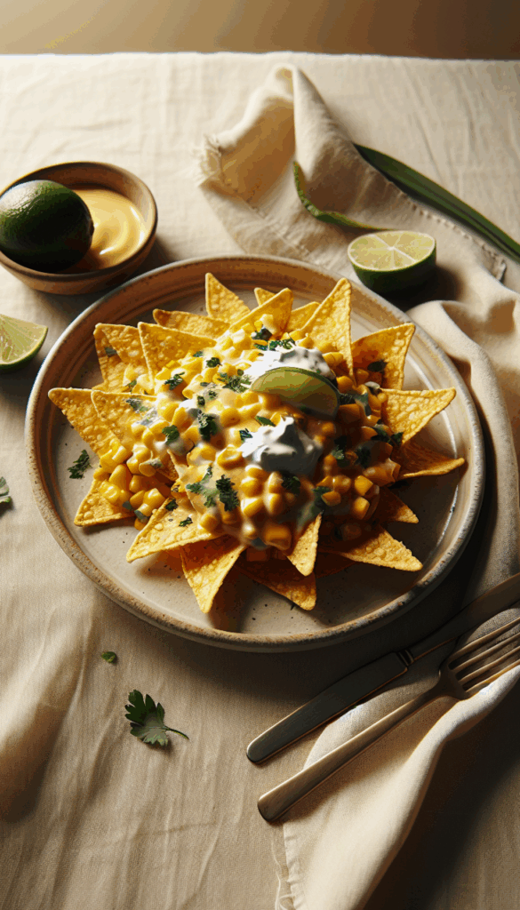 Mexican Street Corn Nachos with Queso and Lime – close-up, Pinterest-ready plated recipe photo