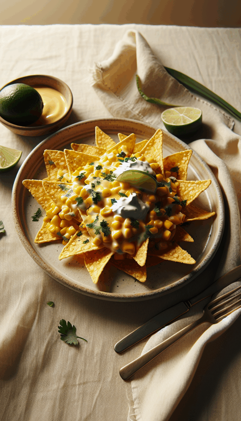 Mexican Street Corn Nachos with Queso and Lime – close-up, Pinterest-ready plated recipe photo