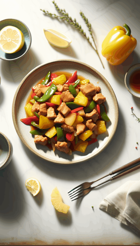 Sweet and Sour Pork Stir-Fry with Bell Peppers and Pineapple – close-up, Pinterest-ready plated recipe photo